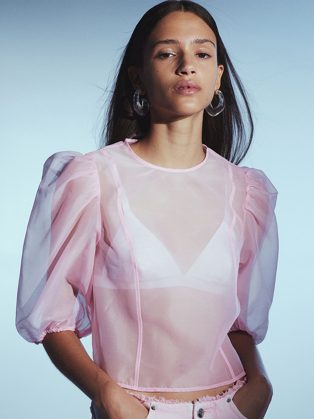

H&M Puff-Sleeved Organza Top, Pink