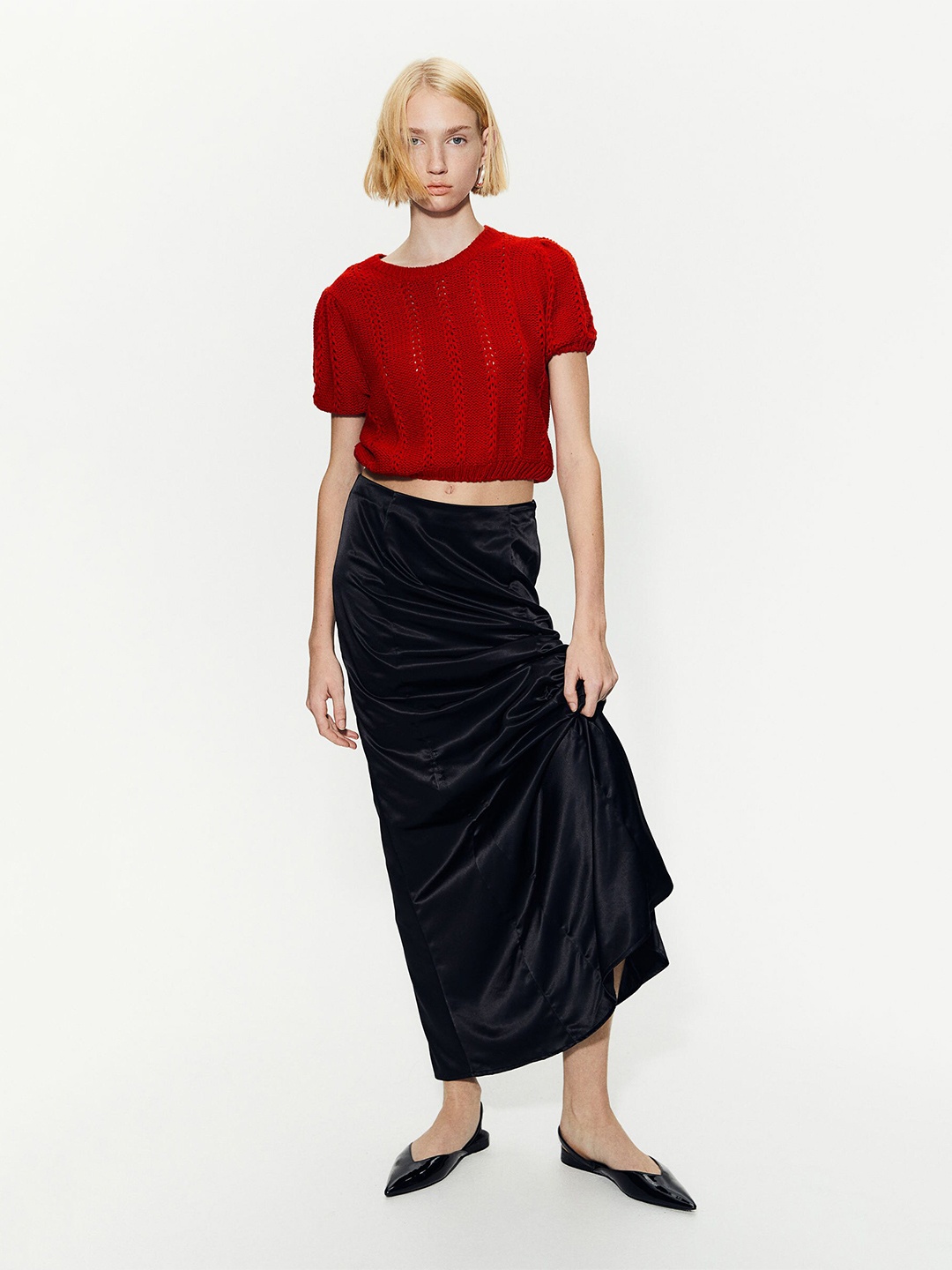

H&M Textured-Knit Puff-Sleeved Top, Red