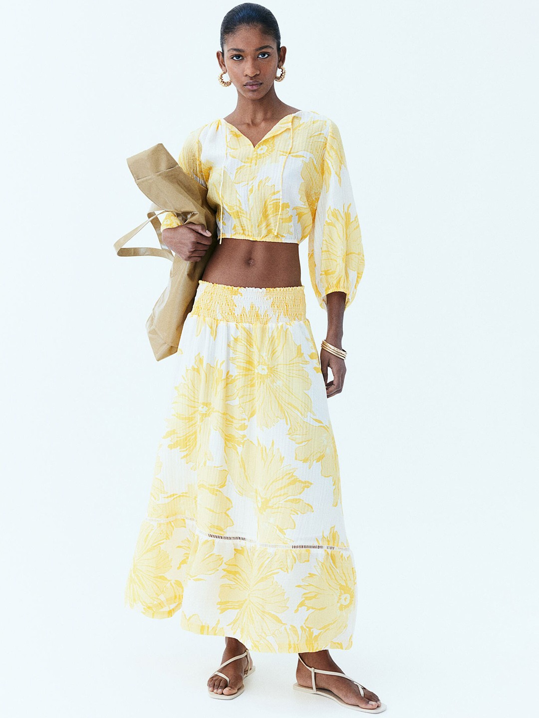 

H&M Smocked-Waist Maxi Skirt, Yellow