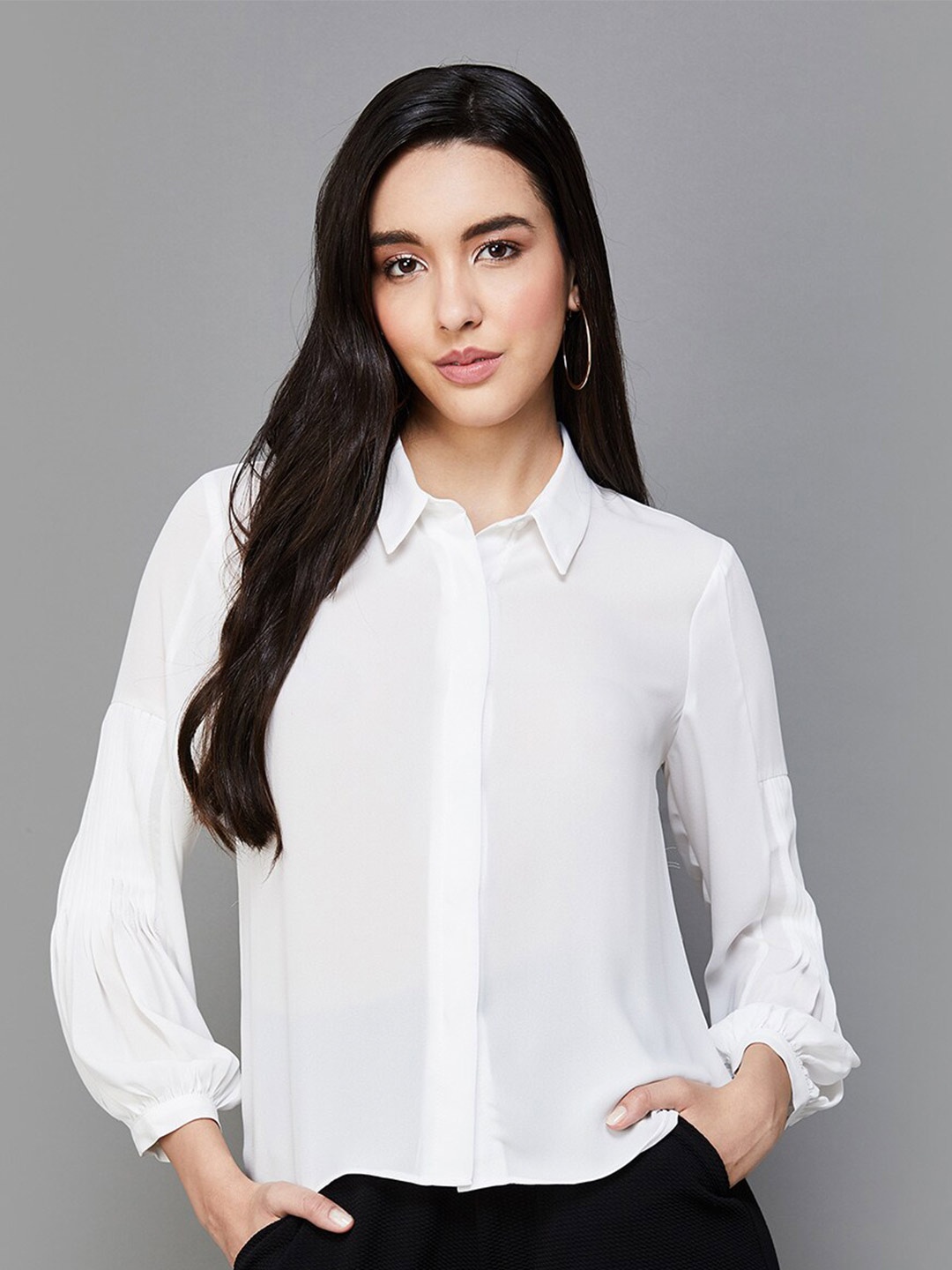 

CODE by Lifestyle Shirt Collar Cuffed Sleeves Shirt Style Top, Off white