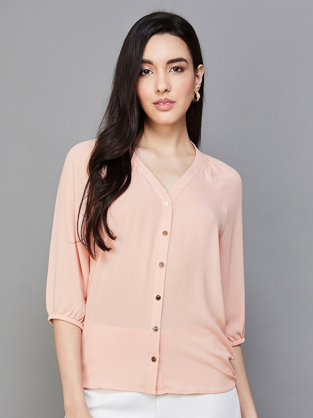 

CODE by Lifestyle V-Neck Smocked Cuffed Sleeves Shirt Style Top, Peach