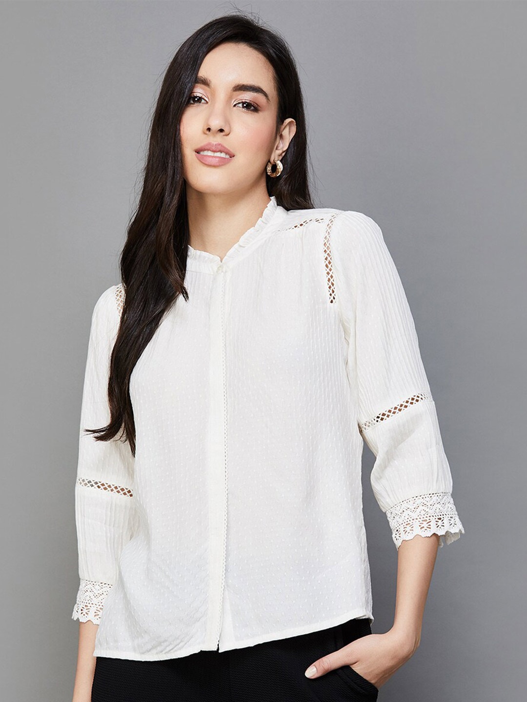 

CODE by Lifestyle Self Design Mandarin Collar Bell Sleeves Shirt Style Top, Off white