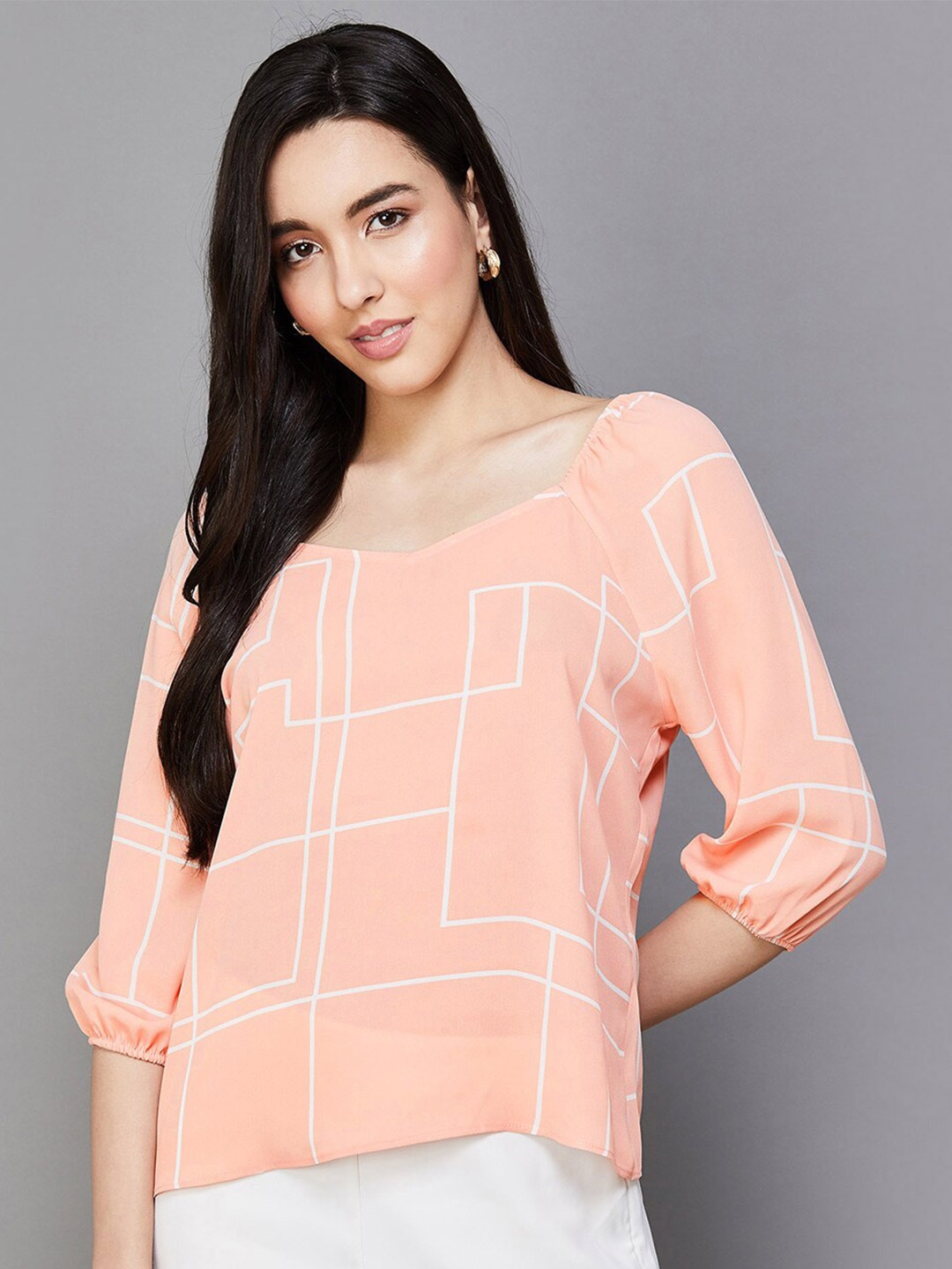 

CODE by Lifestyle Geometric Printed Puff Sleeves Top, Peach