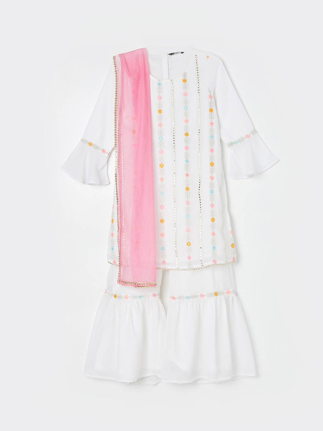 

Melange by Lifestyle Girls Embroidered Mirror Work Straight Kurta with Sharara & Dupatta, White