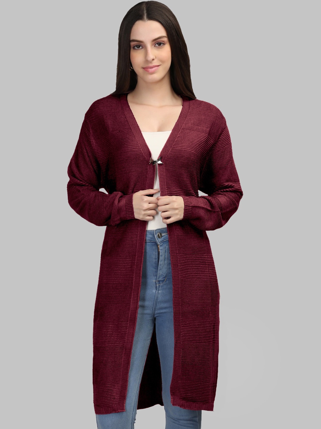 

MIKHAD Self Design Longline Acrylic Button Shrug, Maroon