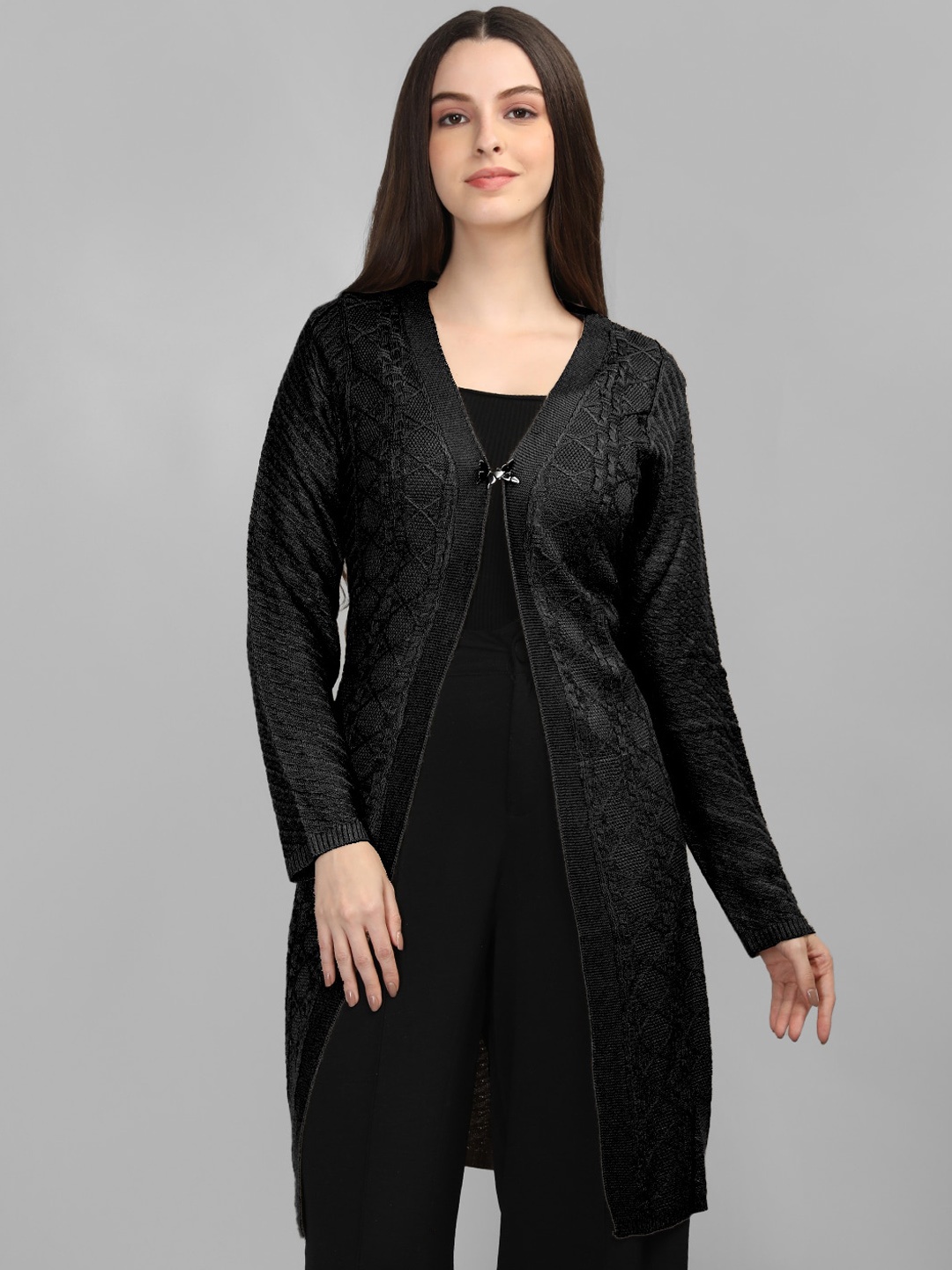 

MIKHAD Geometric Self Design Woolen Longline Open Front Shrug, Black