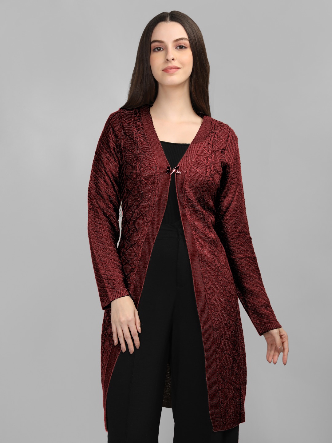 

MIKHAD Geometric Embroidered Open Front Longline Woolen Shrug, Maroon