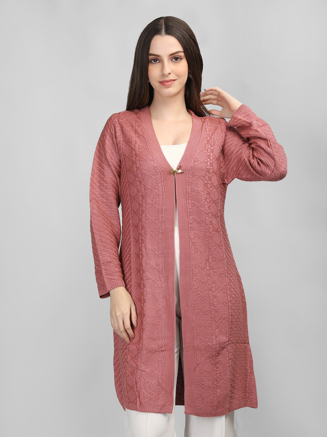 

MIKHAD Self Design Woolen Longline Winter Shrug, Pink