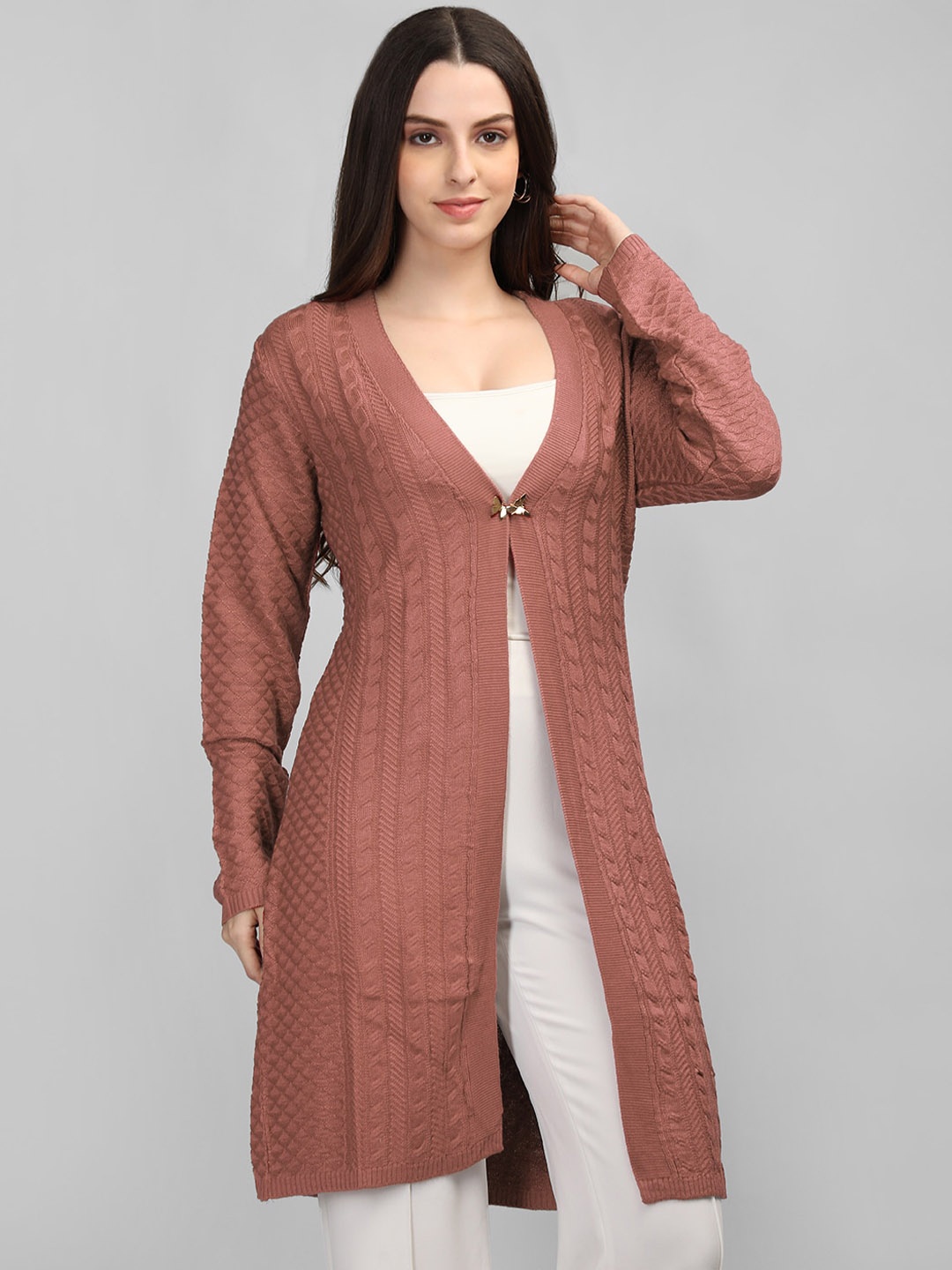 

MIKHAD Woven Design V-Neck Open Front Shrug, Pink