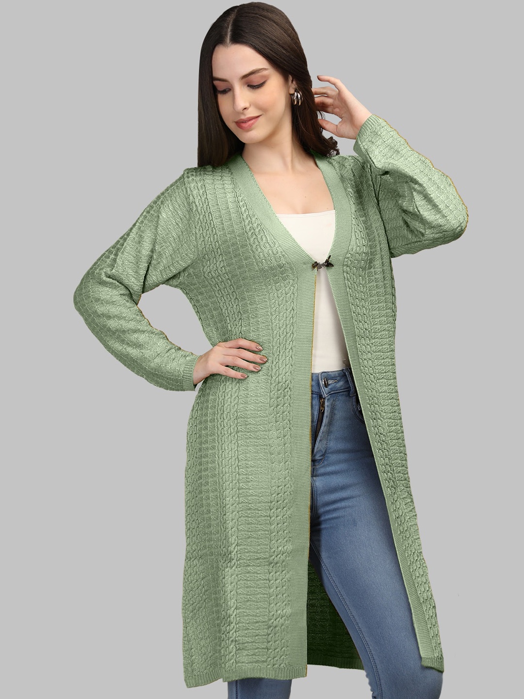 

MIKHAD Self Design Woolen Longline Winter Shrug, Sea green