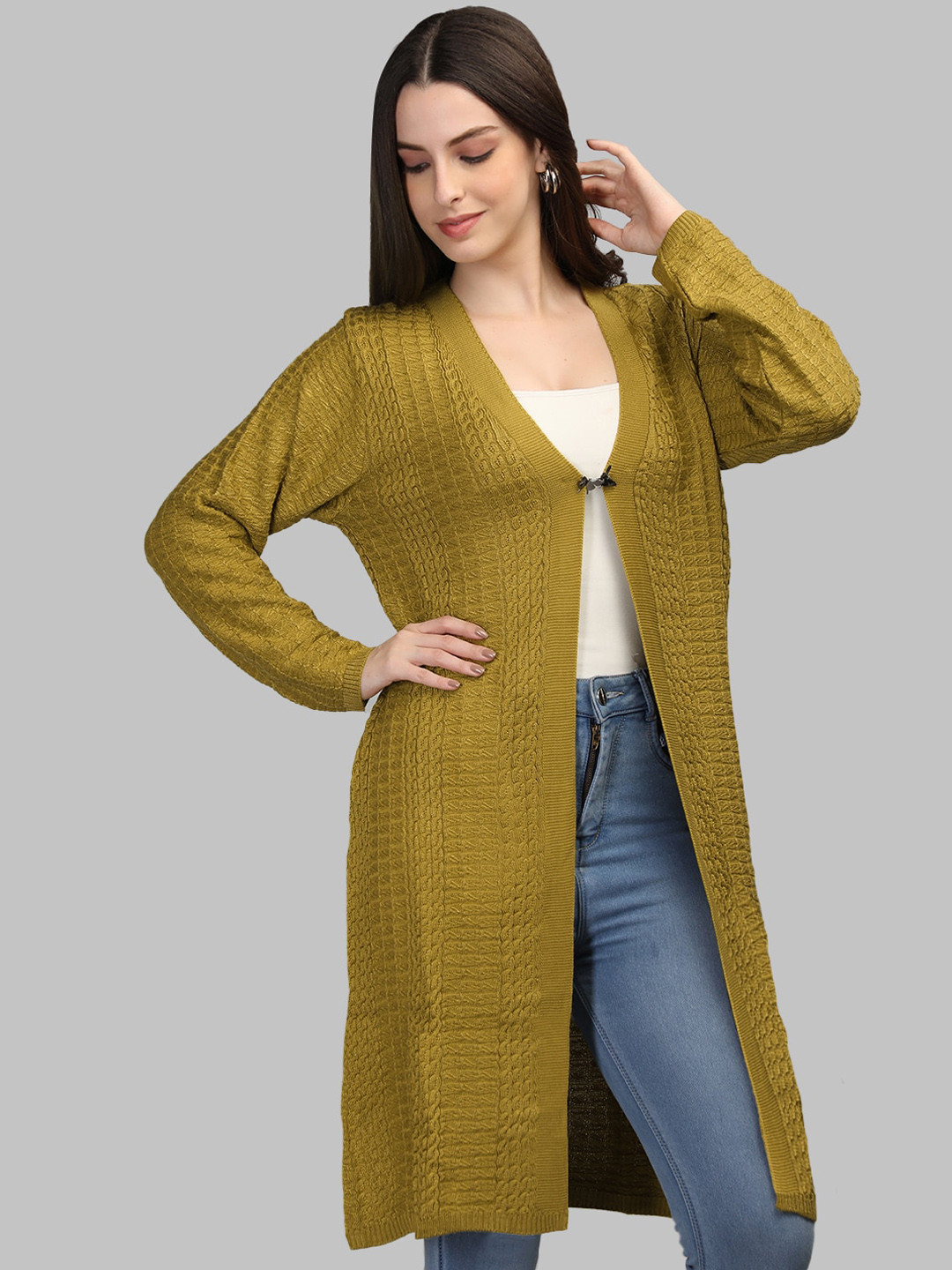 

MIKHAD Self Design Longline Woolen Open-Front Shrug, Green