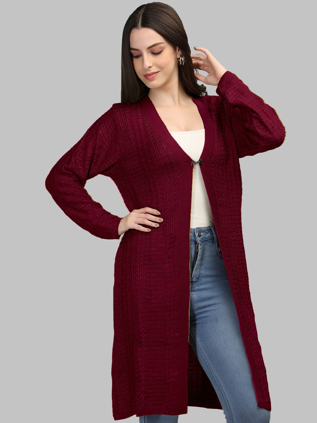 

MIKHAD Self Design Long Sleeves Acrylic Open Front Shrug, Maroon