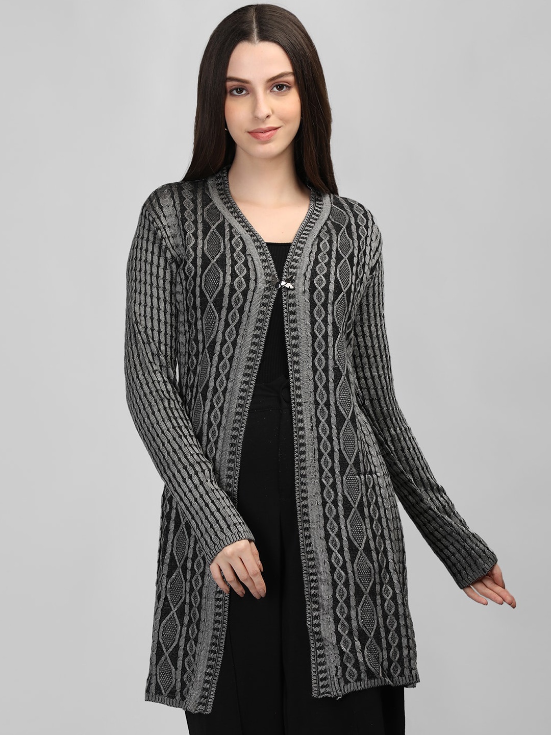 

MIKHAD Woven Design V-Neck Open Front Shrug, Black