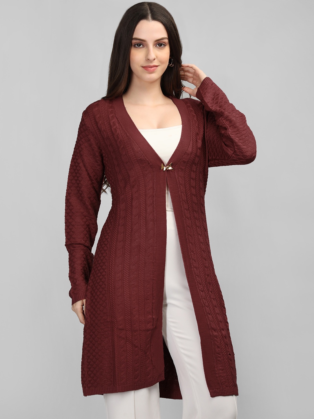 

MIKHAD Self Design Woolen Longline Winter Shrug, Rust