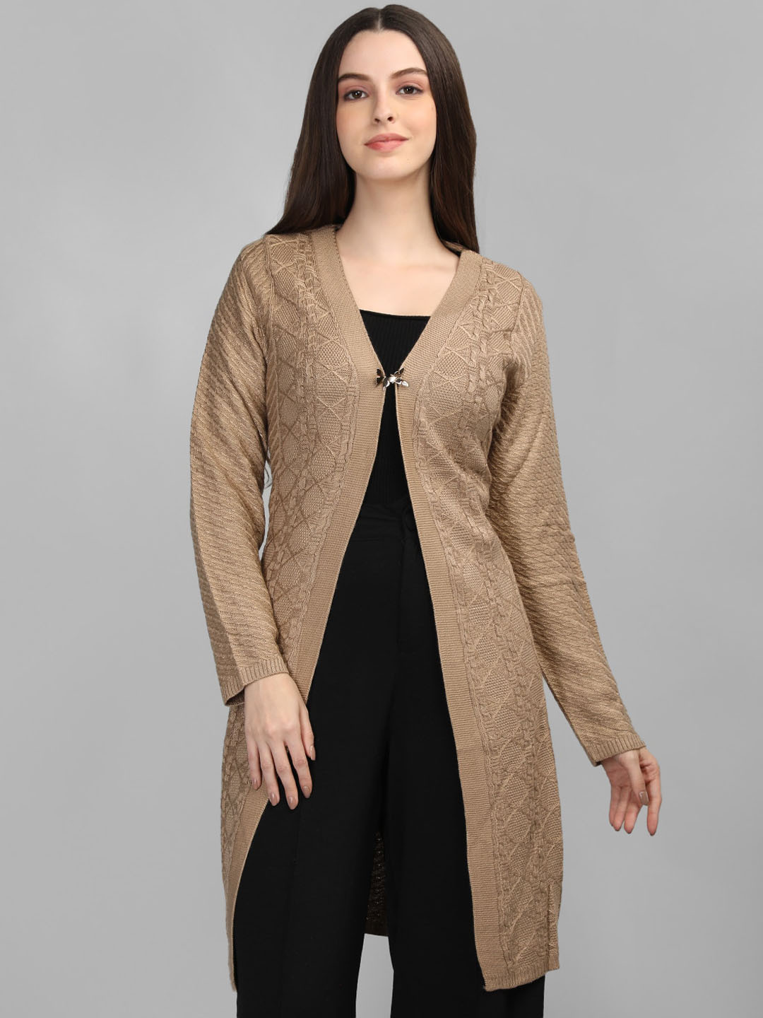 

MIKHAD Self Design V-Neck Long Sleeve Wollen Open Front Shrug, Camel brown
