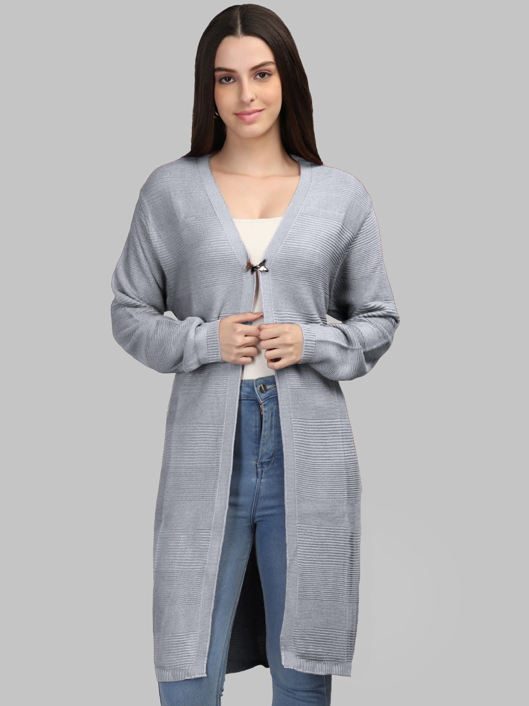

MIKHAD Self Design Woolen Longline Winter Shrug, Grey