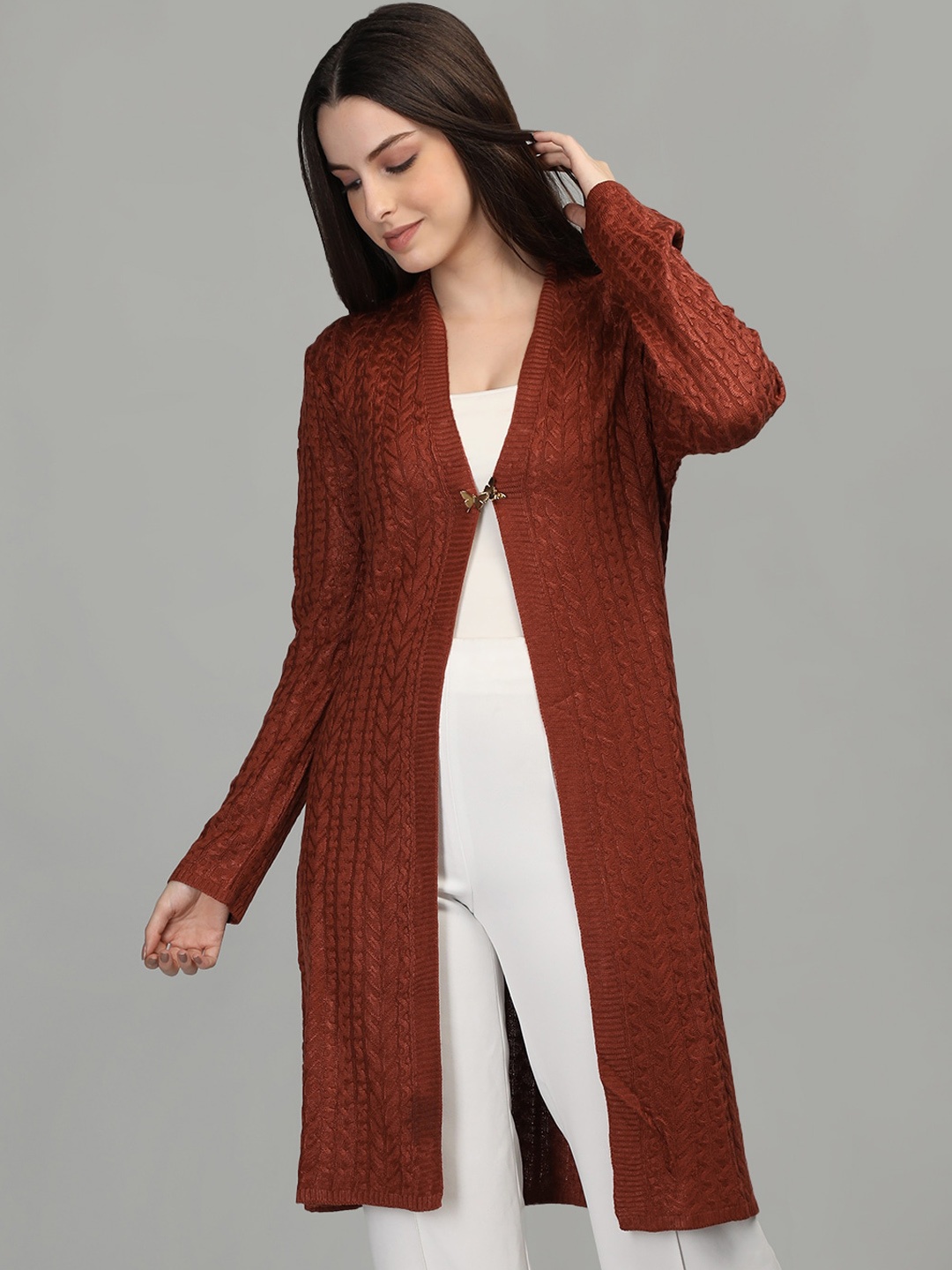 

MIKHAD Self Design Wool Open Front Shrug, Rust
