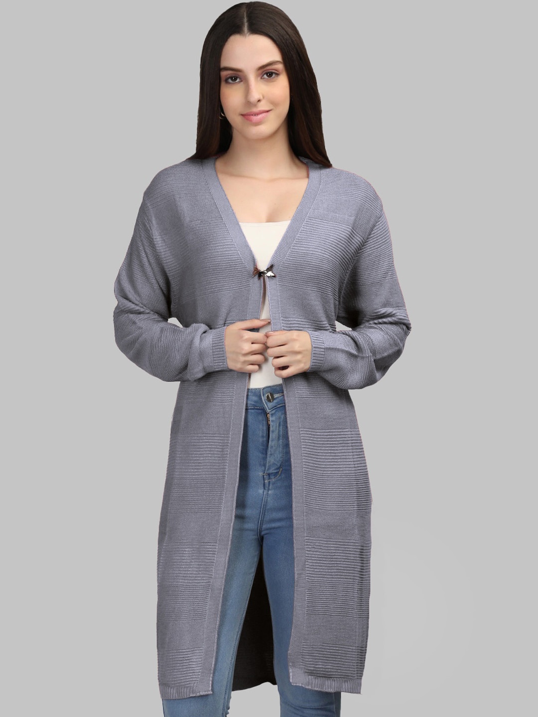 

MIKHAD Striped Woolen Longline Open Front Shrug, Grey