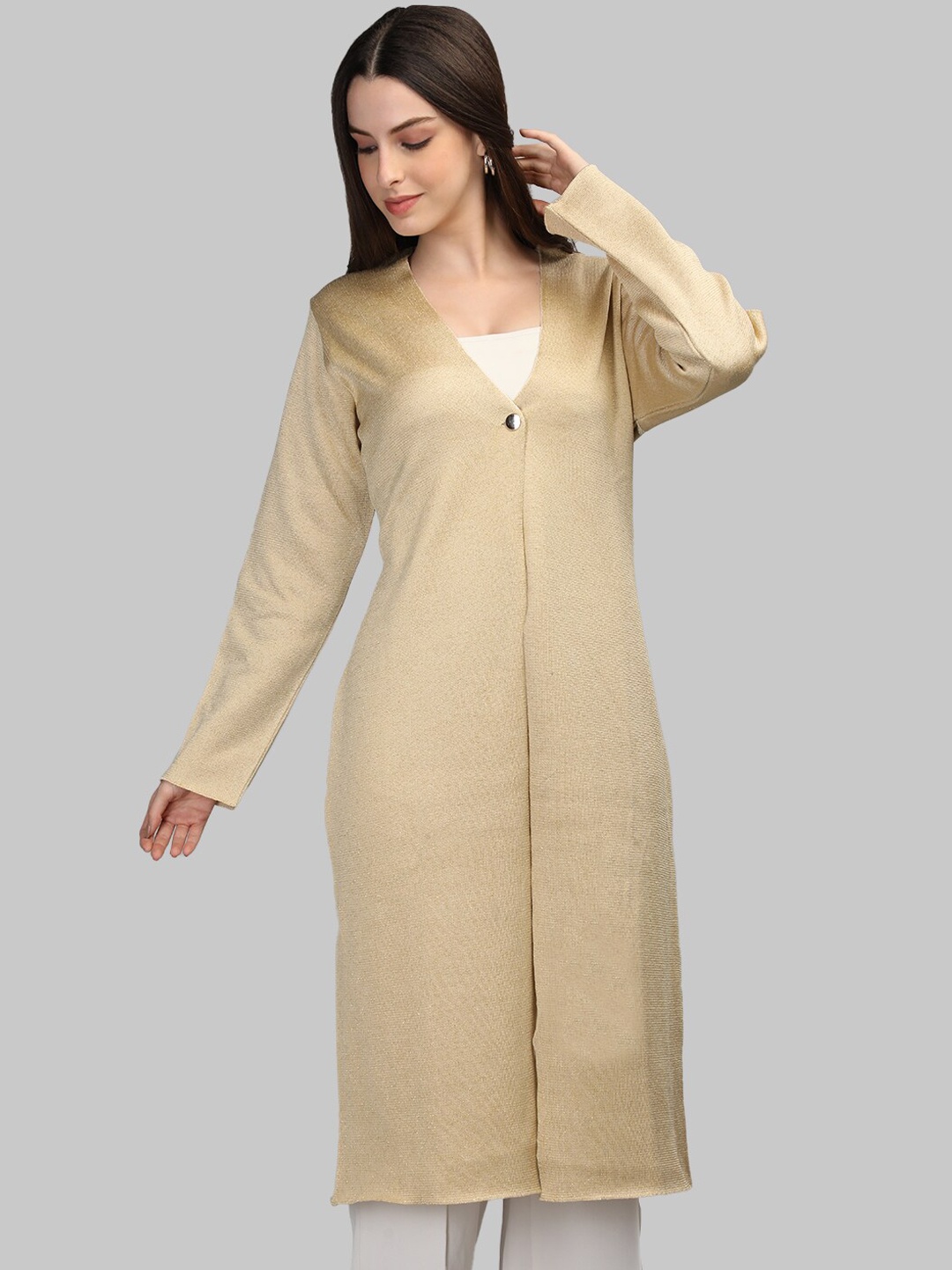 

MIKHAD V-Neck Long Sleeves Wool Longline Shrug, Beige
