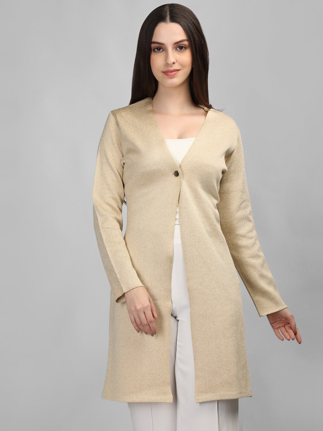 

MIKHAD Long Sleeves Longline Buttoned Shrug, Beige