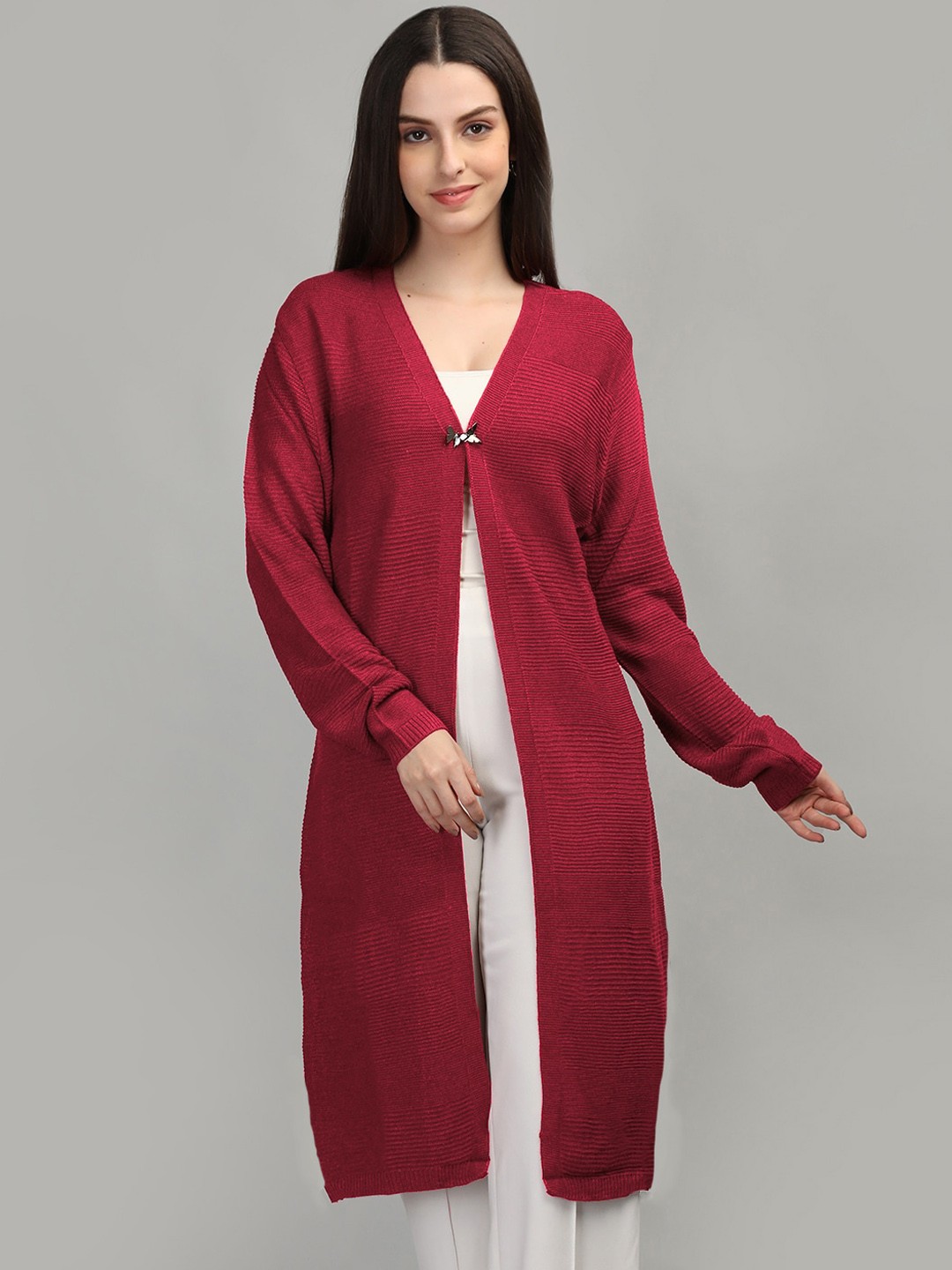 

MIKHAD Striped Woolen Longline Open Front Shrug, Red
