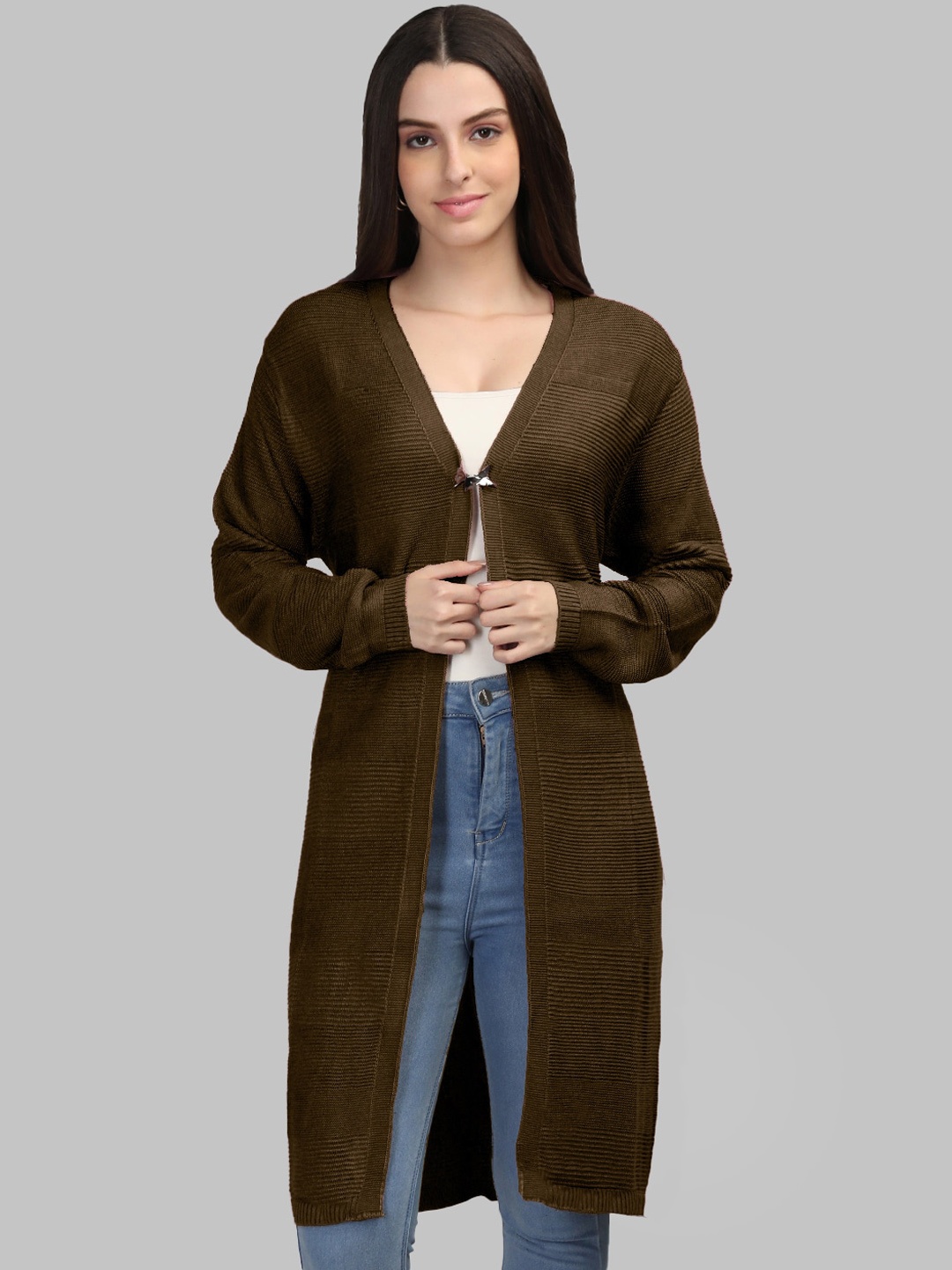 

MIKHAD Self Design Longline Acrylic Button Shrug, Coffee brown