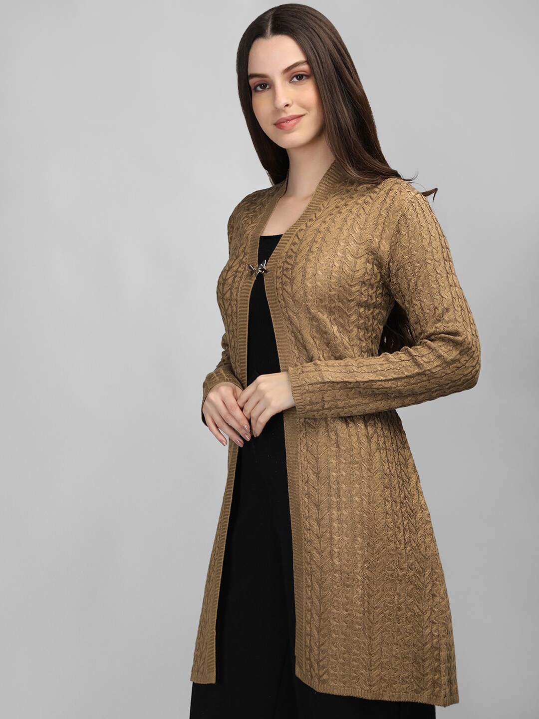 

MIKHAD Self Design Woolen Longline Open Front Shrug, Camel brown