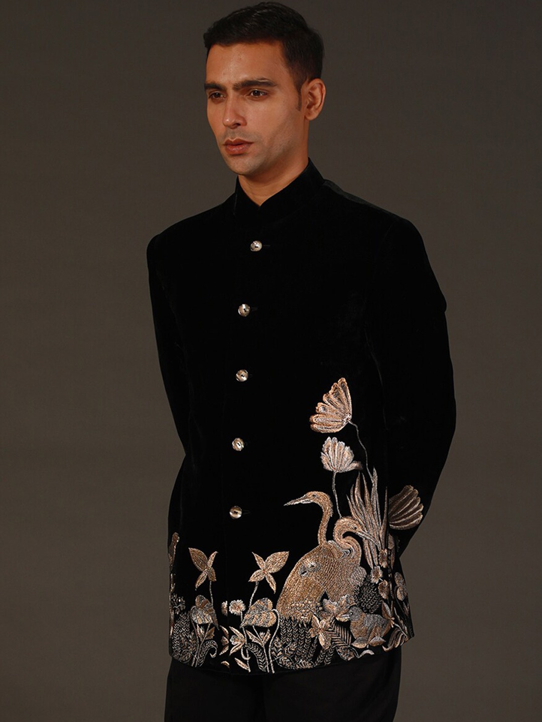 

Rohit Bal Embroidered Mandarin Collar Velvet Sherwani Set, Black