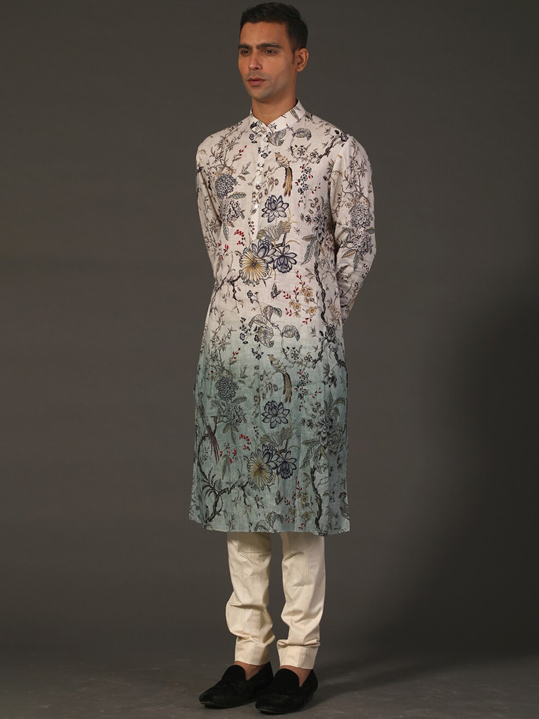 

Rohit Bal Printed Mandarin Collar Linen Sherwani Set, Off white