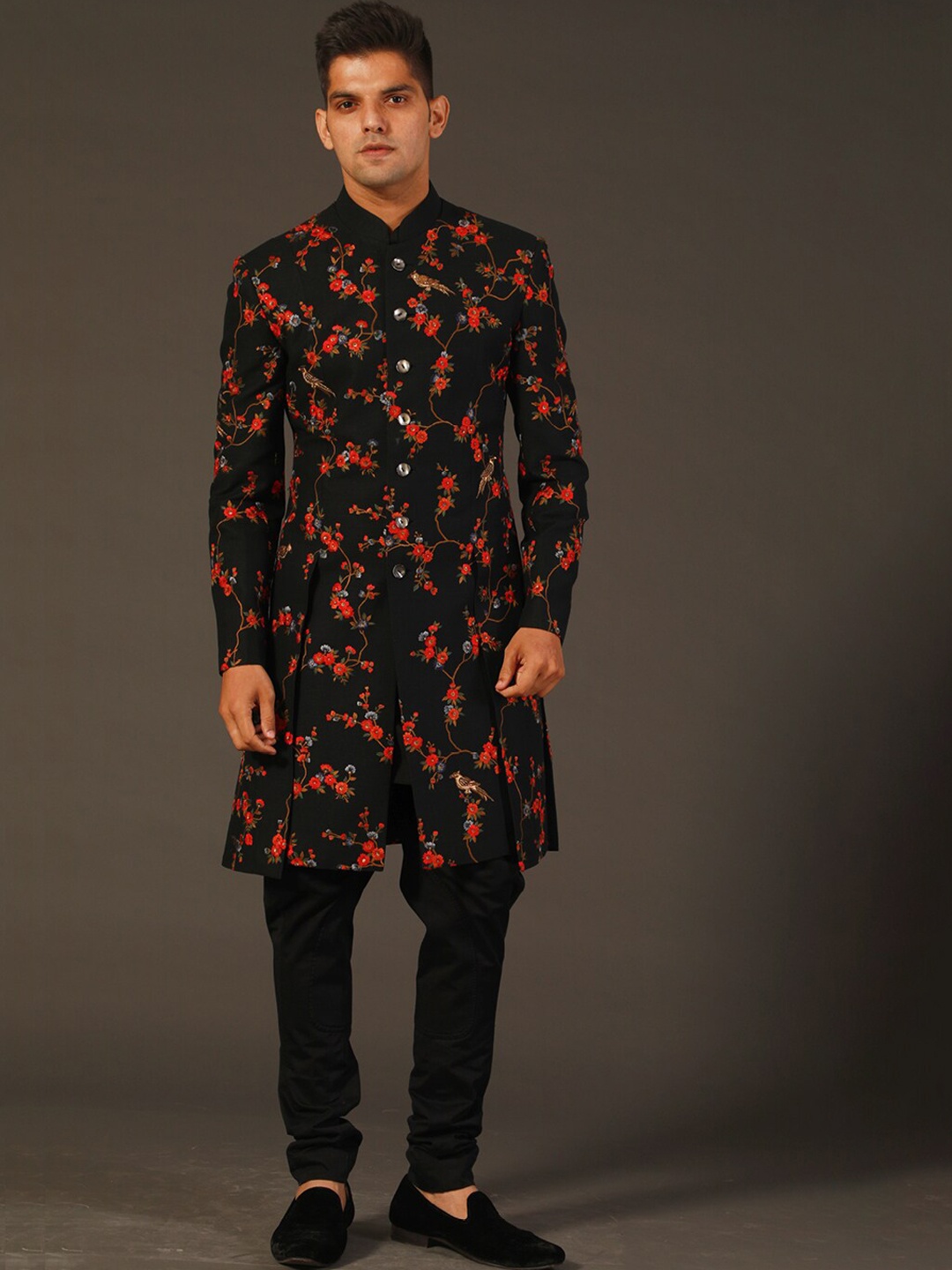 

Rohit Bal Floral Embroidered Mandarin Collar Silk Sherwani Set, Black