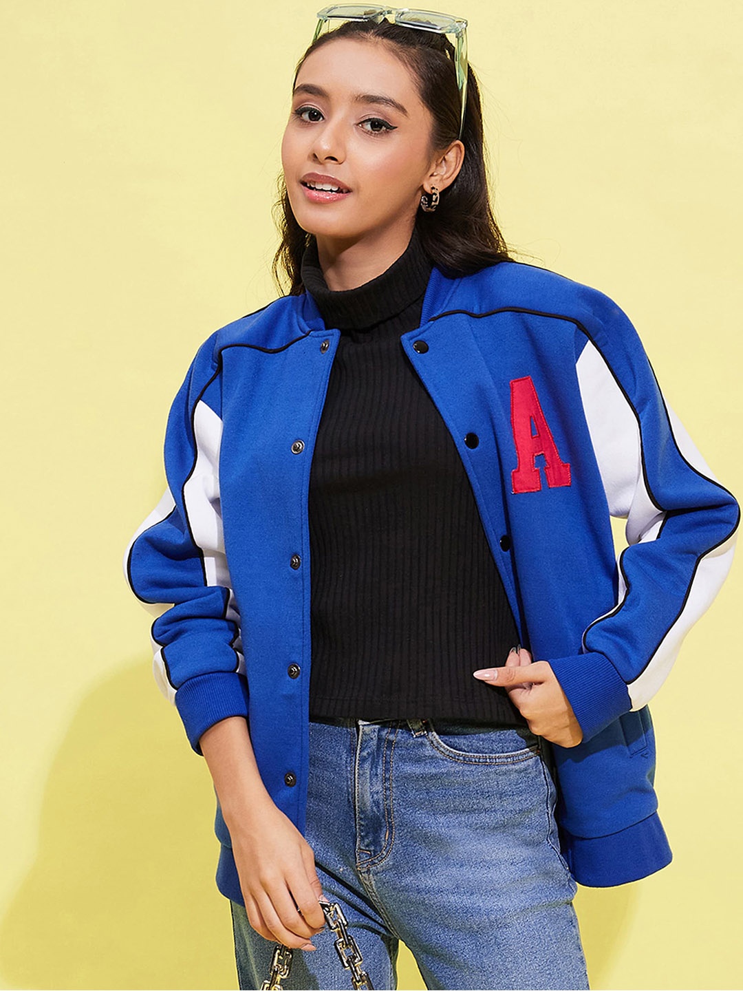 

Noh.Voh - SASSAFRAS Kids Girls Colourblocked Fleece Varsity Jacket, Blue