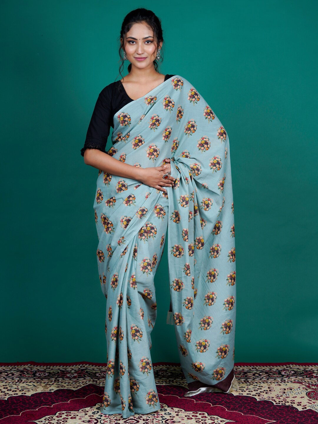 

BUTA BUTI Floral Printed Pure Cotton Saree, Blue