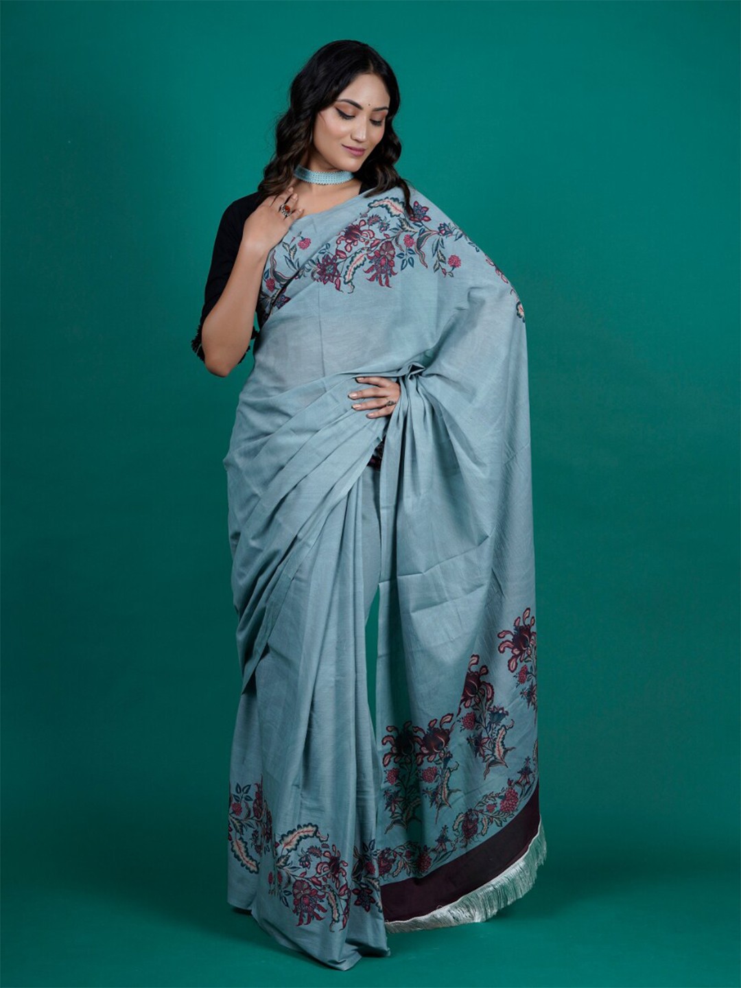 

BUTA BUTI Floral Printed Pure Cotton Saree, Blue