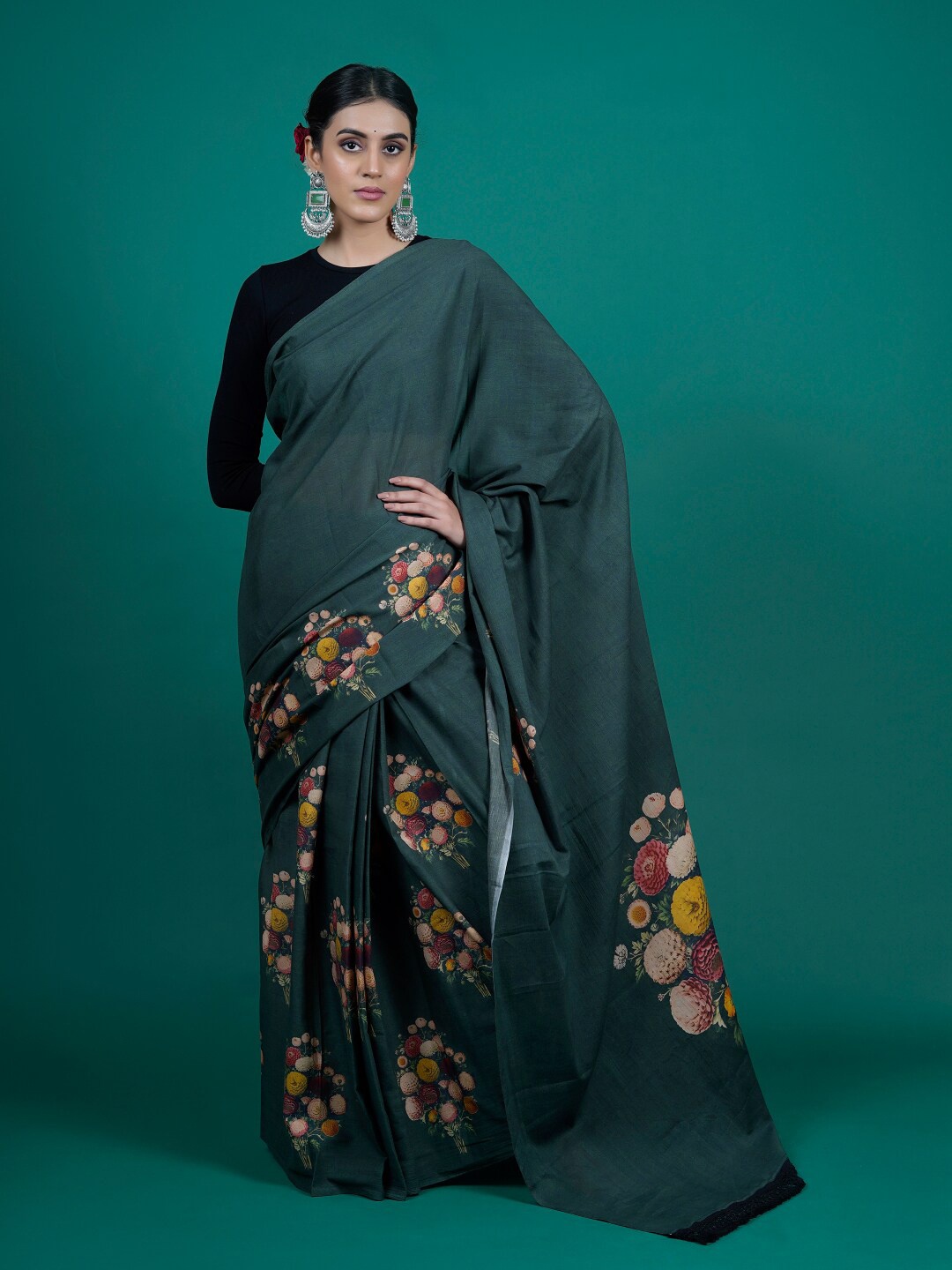 

BUTA BUTI Floral Printed Pure Cotton Saree, Green