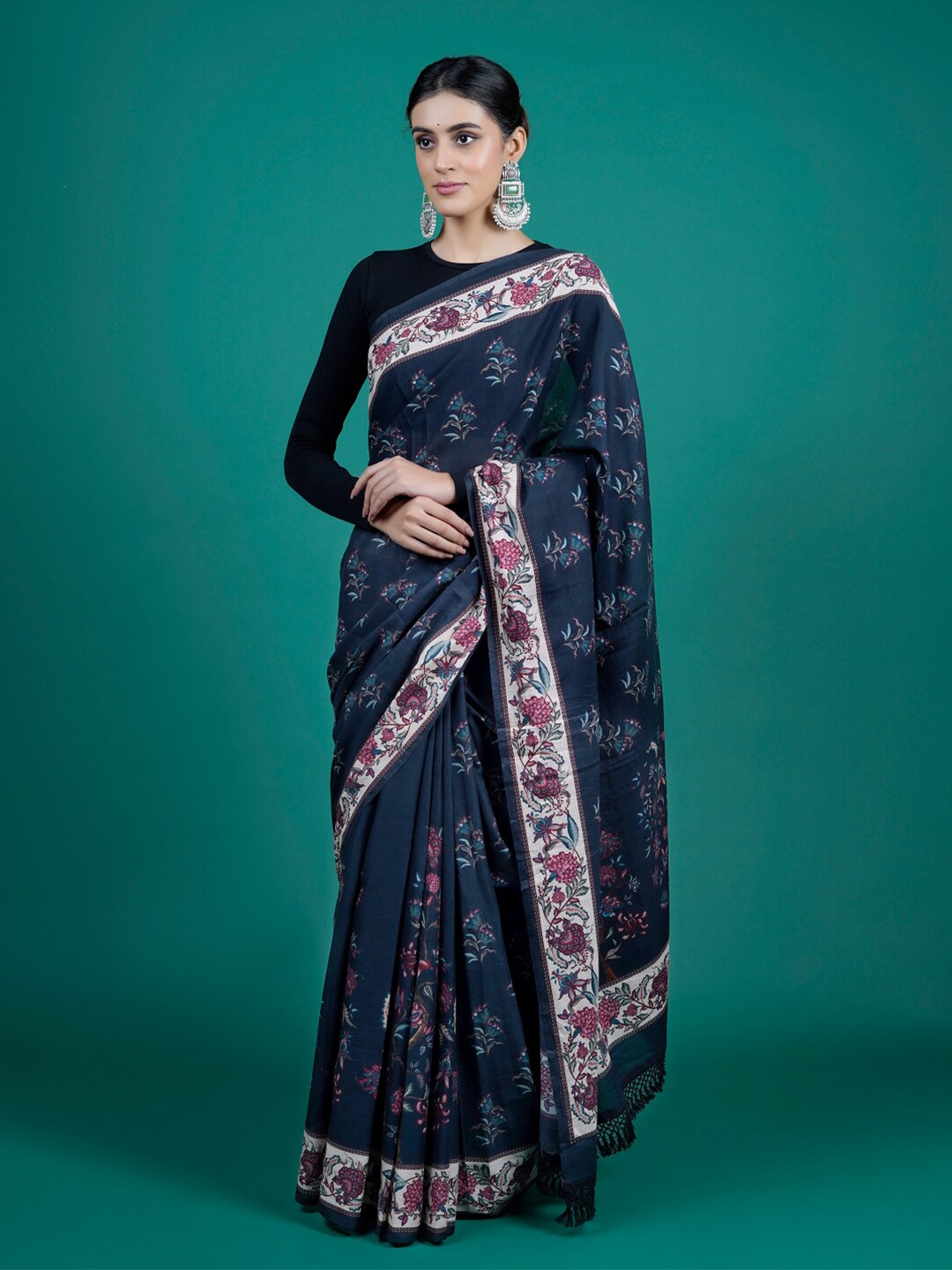 

BUTA BUTI Floral Pure Cotton Saree, Blue