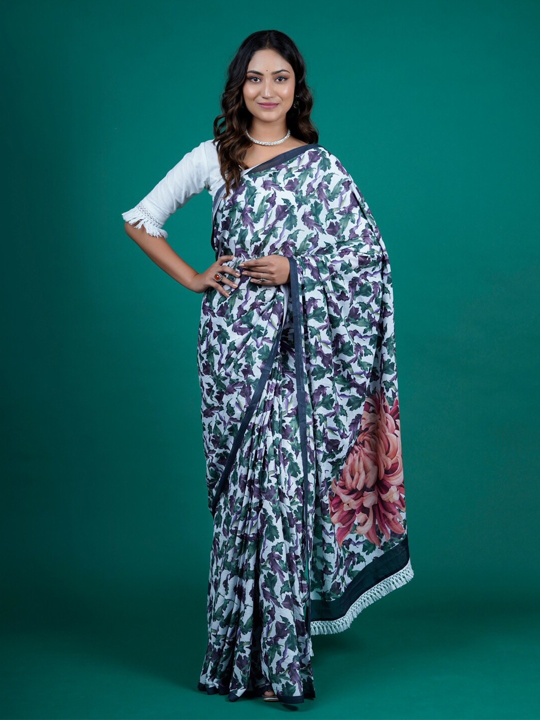 

BUTA BUTI Floral Printed Pure Cotton Saree, White