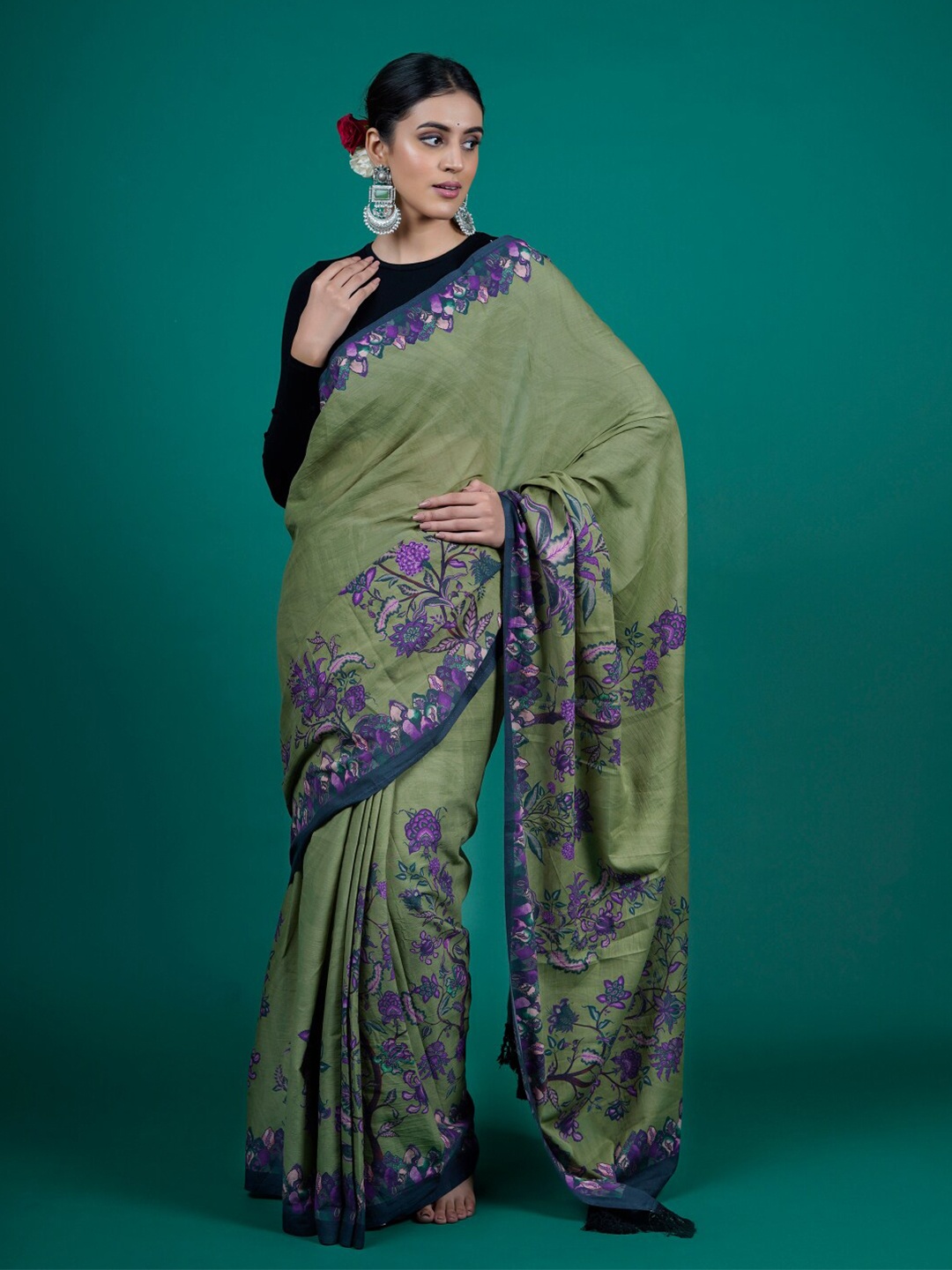 

BUTA BUTI Floral Printed Pure Cotton Saree, Green
