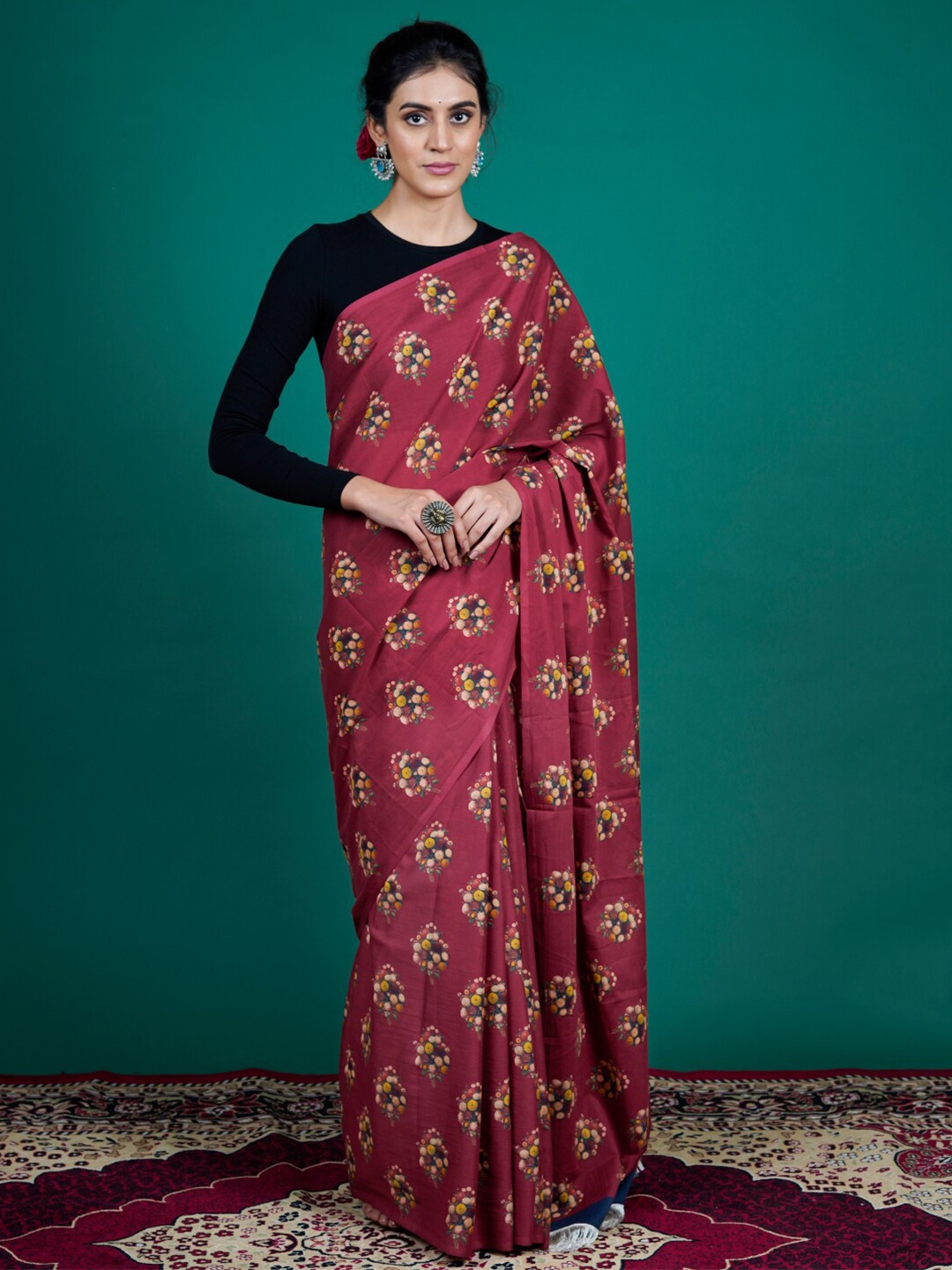 

BUTA BUTI Floral Printed Pure Cotton Saree, Maroon