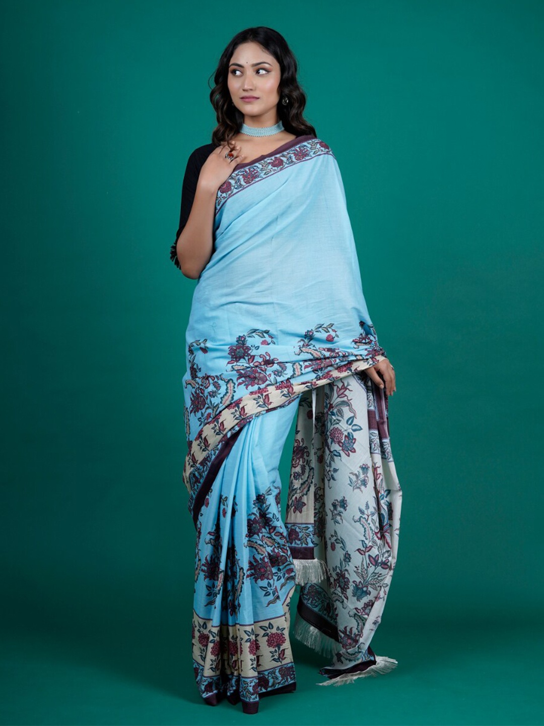 

BUTA BUTI Floral Printed Pure Cotton Saree, Blue