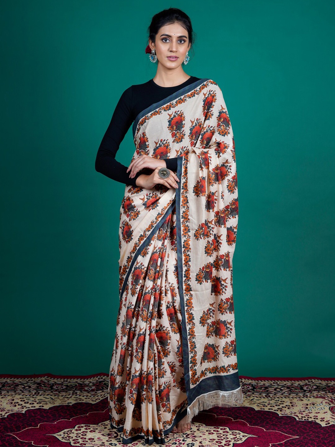 

BUTA BUTI Floral Printed Pure Cotton Saree, Beige