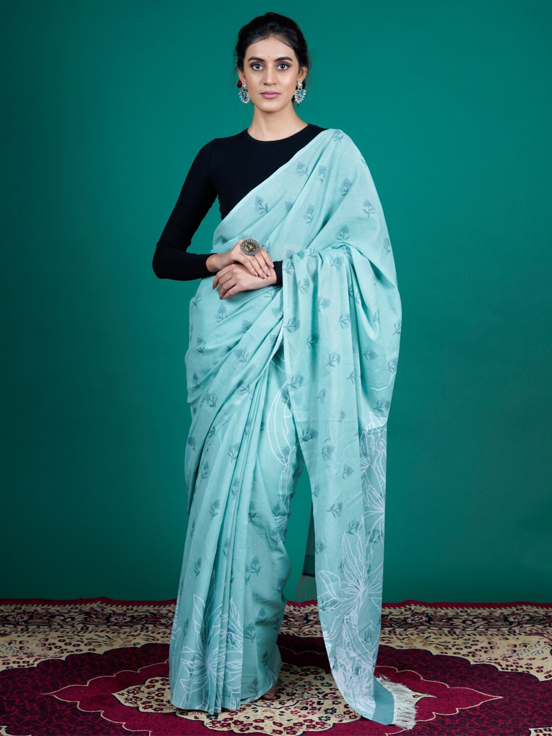 

BUTA BUTI Floral Printed Pure Cotton Saree, Sea green