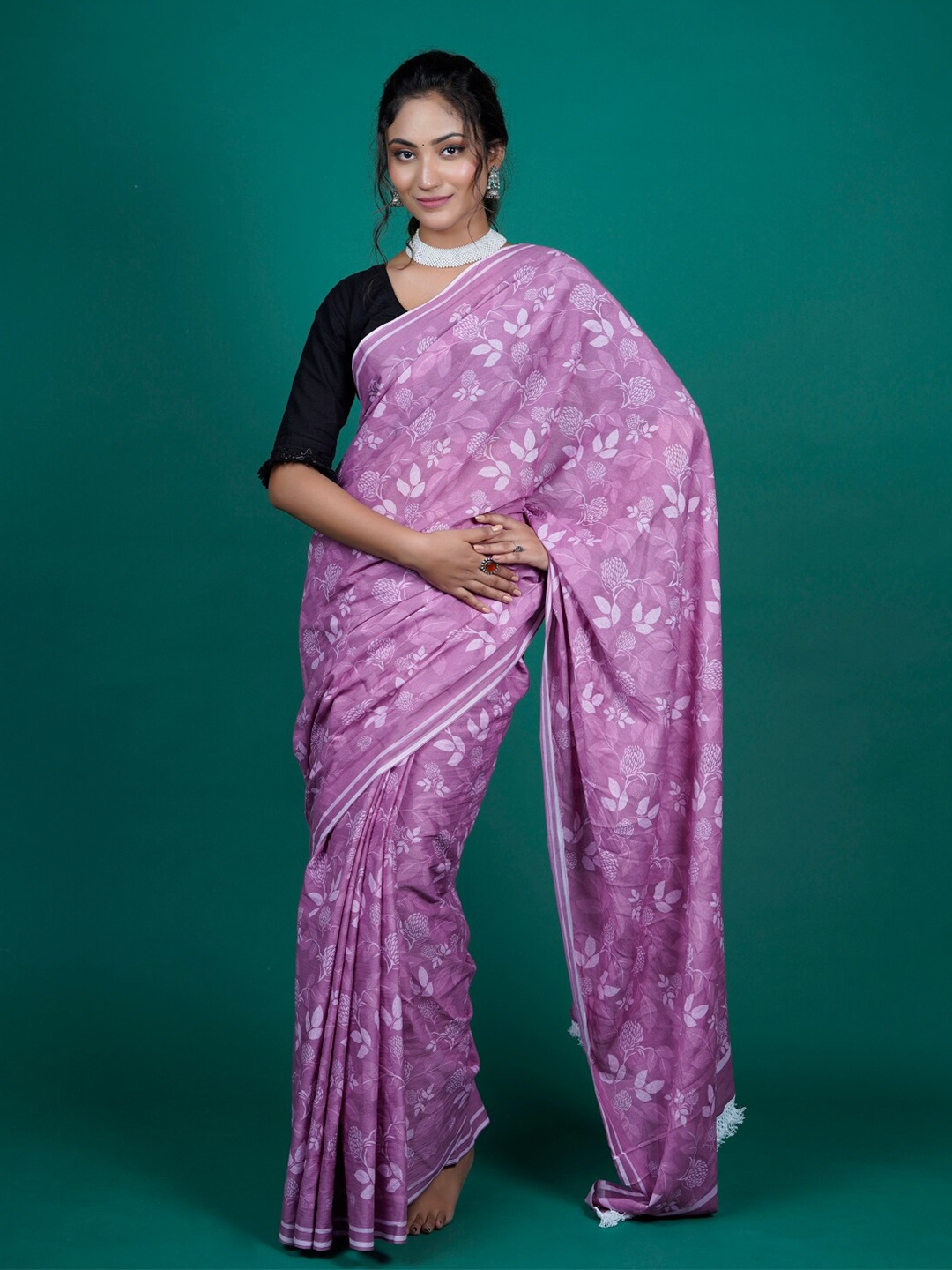 

BUTA BUTI Floral Printed Pure Cotton Saree, Pink