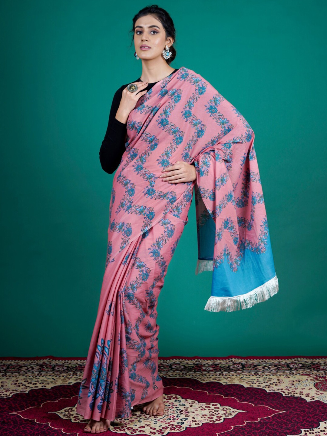 

BUTA BUTI Floral Printed Pure Cotton Saree, Pink