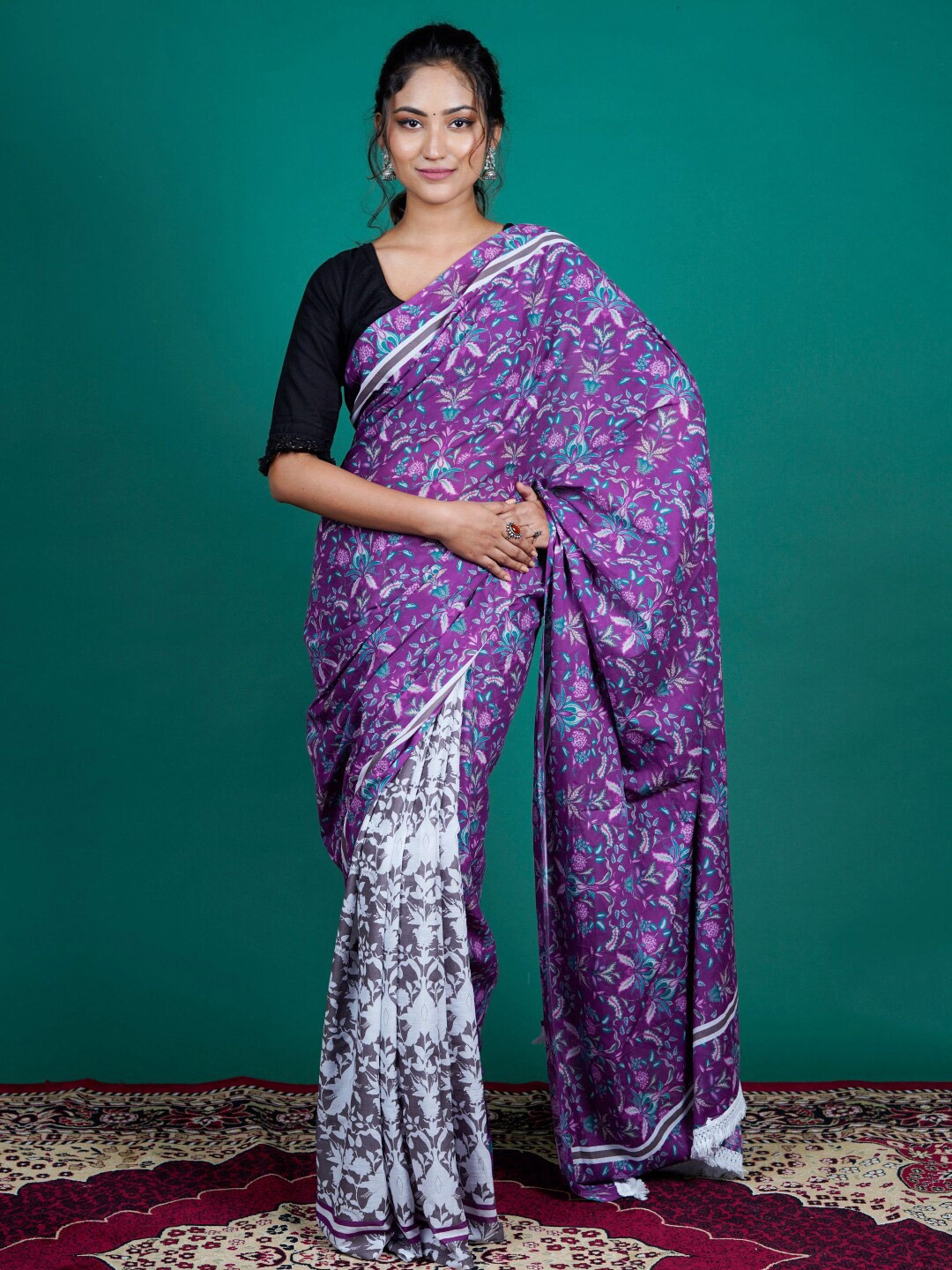 

BUTA BUTI Floral Printed Pure Cotton Saree, Purple