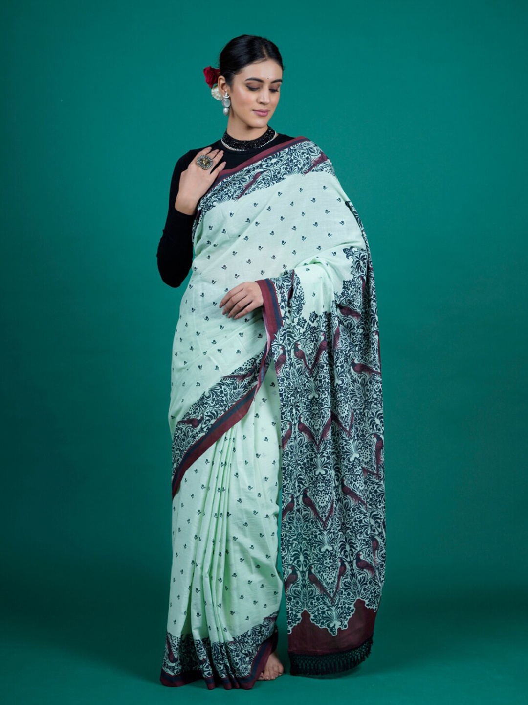 

BUTA BUTI Floral Pure Cotton Saree, Sea green