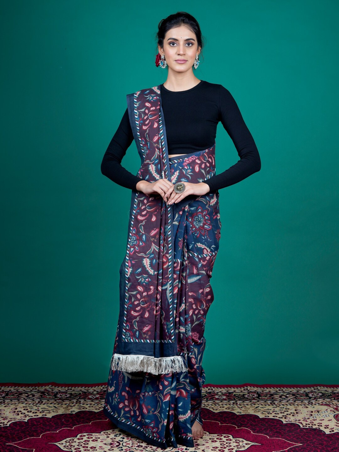 

BUTA BUTI Floral Printed Pure Cotton Saree, Blue