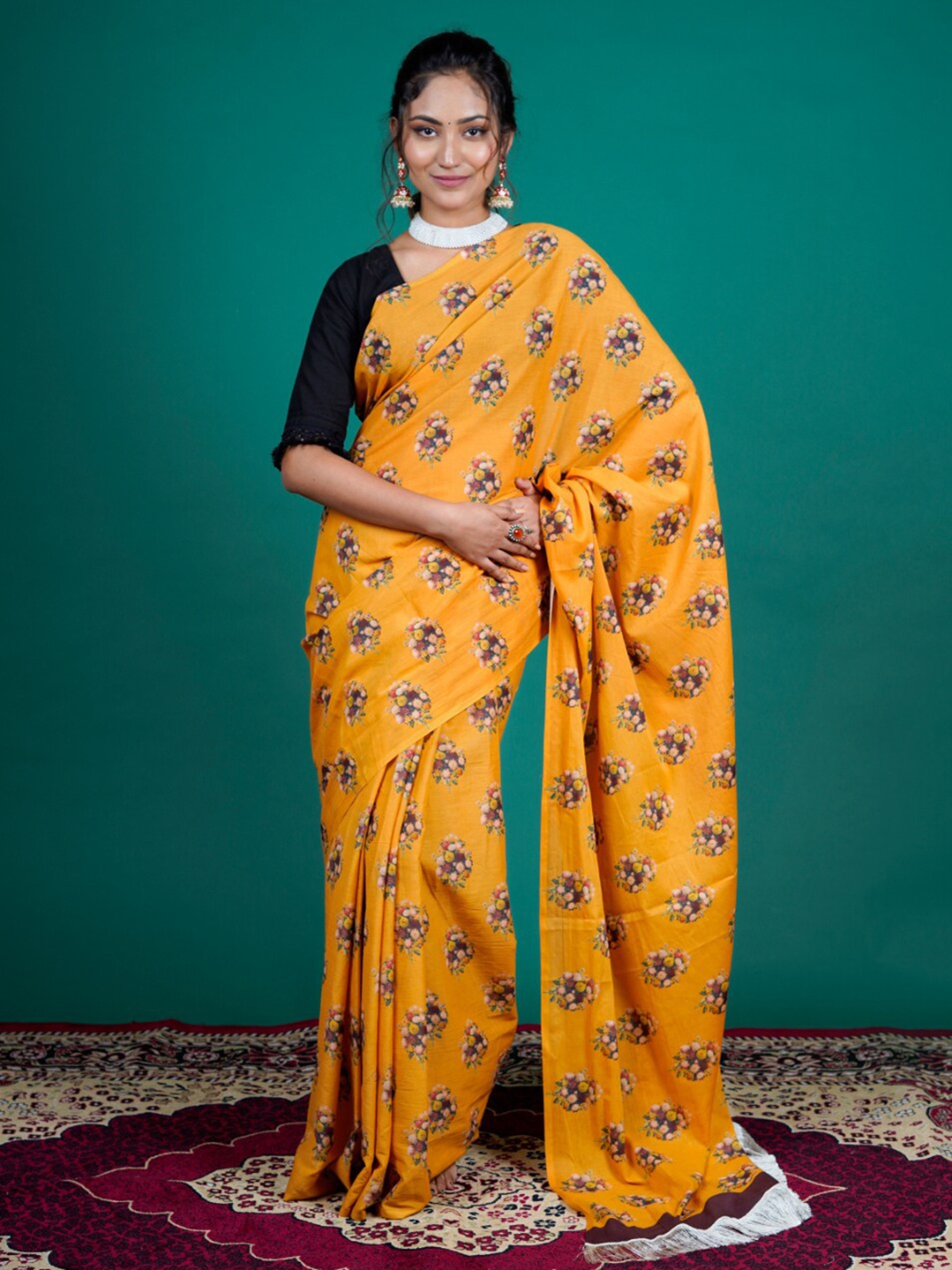 

BUTA BUTI Floral Printed Pure Cotton Saree, Mustard