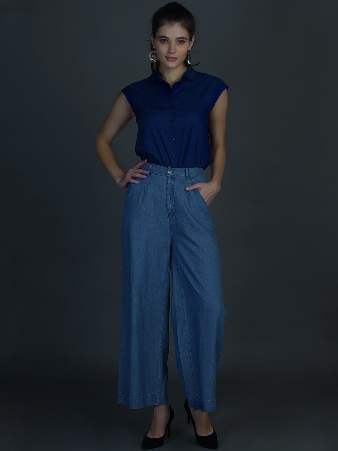 

Chemistry Women Wide Leg High-Rise Clean Look Cotton Jeans, Blue