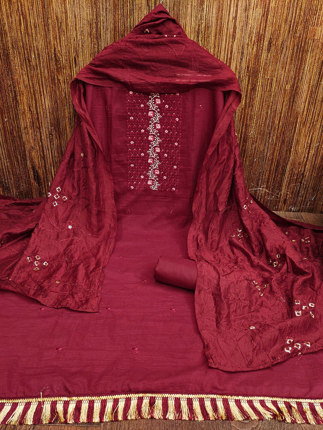 

KALINI Ethnic Motifs Embroidered Unstitched Dress Material, Maroon