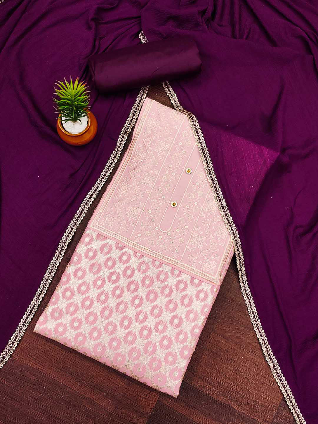 

KALINI Ethnic Motifs Woven Design Sequinned Detail Unstitched Dress Material, Pink